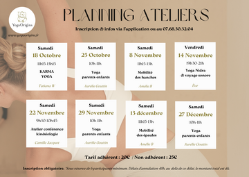 Planning des ateliers automne-hiver 2025 chez Yoga Origins ! Planning des ateliers automne-hiver 2025 chez Yoga Origins !